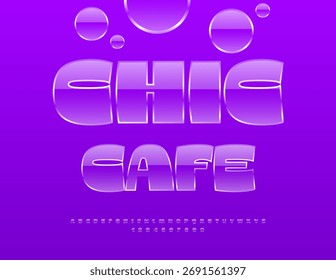 Sinal de Elite Vetor Chic Cafe. Fonte transparente brilhante. Letras e números alfabéticos violeta de classe definidos.