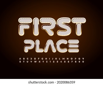 Señal de la élite vectora Primer lugar. Fuente texturizada dorada y blanca. Juego de letras y números de alfabeto exclusivos