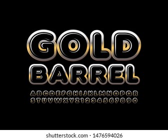 Vector elite sign Gold Barrel with Black glossy Font. Uppercase chic Alphabet. Shiny luxury Letters and Numbers