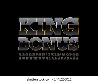 Vector elite sign King Bonus with premium Uppercase Font. Black and Golden chic Alphabet Letters and Numbers