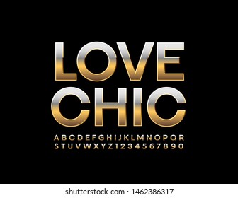 Vector elite sign Love Chic with Golden Font. Reflective Uppercase Alphabet. Set of luxury Letters and Numbers