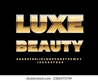 Vector elite sign Luxe Beauty with luxury Alphabet Letters and Numbers set. Gold premium Font