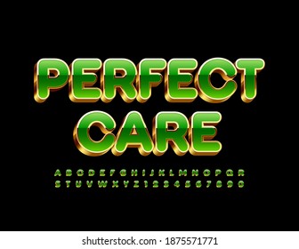 Vector elite sign Perfect Care. Luxury 3D Font. Green and Gold Alphabet Letters and Numbers set