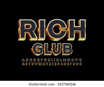 Vector elite sign Rich Club with 3D Font. Black and Golden Uppercase Alphabet Letters and Numbers