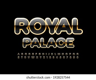Señal de la élite vectorial del Palacio Real. Tipo de letra de lujo negro y dorado. Juego de letras y números de alfabeto premium