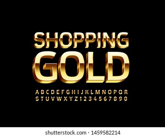 Vector elite sign Shopping Gold with 3D Font. Luxury Uppercase Font. Set of chic Letters and Numbers