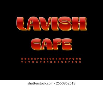 Vector élite letrero Lavish Café. Fuente roja y dorada glamurosa. Conjunto de letras y números de alfabeto con estilo. 