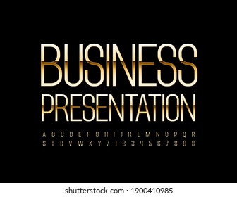 Vector elite template Business Presentation. Shiny Golden Alphabet Letters and Numbers set. Elegant luxury Font