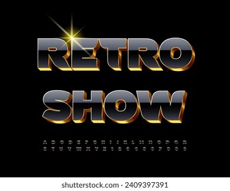 Vector elite template Retro Show. Magic Black and Gold Font. Premium Alphabet Letters and Numbers set.