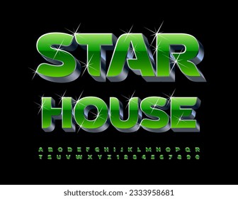 Plantilla de la élite vectorial Star House. Fuente verde y metálica 3D. Conjunto creativo de letras y números alfabetos de estilo moderno