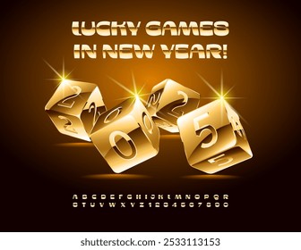 Vector elite Wishing Card Lucky Games in New Year 2025! Modern cool Font.  Trendy Golden Alphabet Letters and Numbers set.