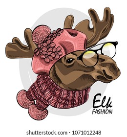 Vector elk with pink knitted scarf, hat and glasses. Hand drawn illustration of dressed elk. 