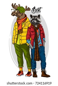 Vector elk and raccoon. Hand drawn illustration of dressed elk and raccoon Best friends