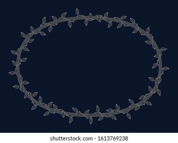 Vector ellipse frame overgrown with plant with thorns and leaves. Dark background
