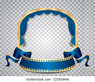 vector ellipse stage with blue curtain, golden frame, bulb lamps blank grunge banner and transparent shadow

