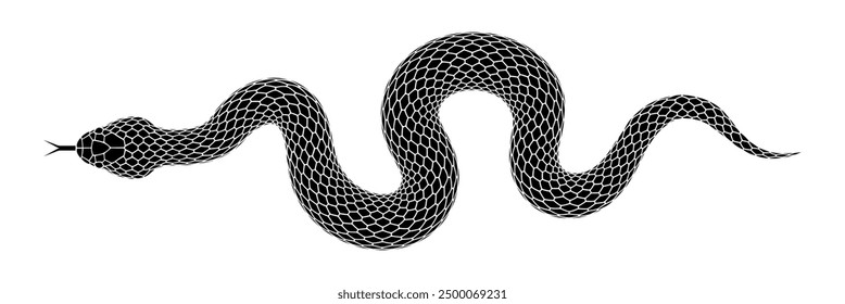 Vector elongated snake silhouette illustration. Black serpent tattoo design isolated on white background.