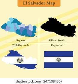 Vector El Salvador mapa de estados y líneas de Vector y lleno de bandera de Vector y mapa de bandera