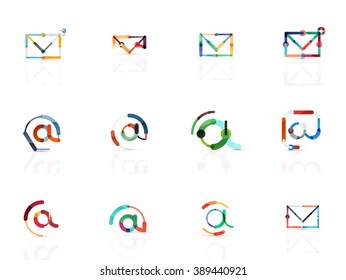 Vector email business symbols or at signs logo set. Linear minimalistic flat icons - collection connected multicolored segments of lines