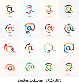 Vector email business symbols or at signs logo set. Linear minimalistic flat icons - collection connected multicolored segments of lines