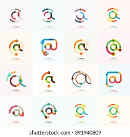 Vector email business symbols or at signs logo set. Linear minimalistic flat icons - collection connected multicolored segments of lines