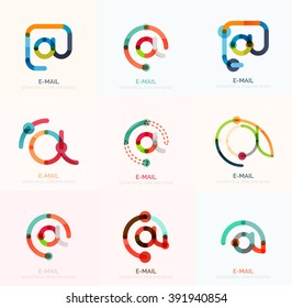 Vector email business symbols or at signs logo set. Linear minimalistic flat icons - collection connected multicolored segments of lines