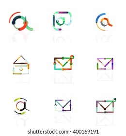 Vector email business symbols or at signs logo set. Linear minimalistic flat icons - collection connected multicolored segments of lines