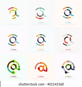 Vector email business symbols or at signs logo set. Linear minimalistic flat icons - collection connected multicolored segments of lines