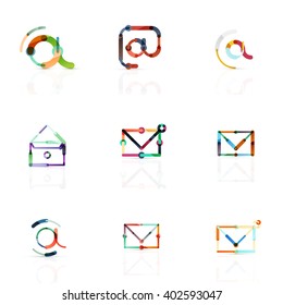 Vector email business symbols or at signs logo set. Linear minimalistic flat icons - collection connected multicolored segments of lines