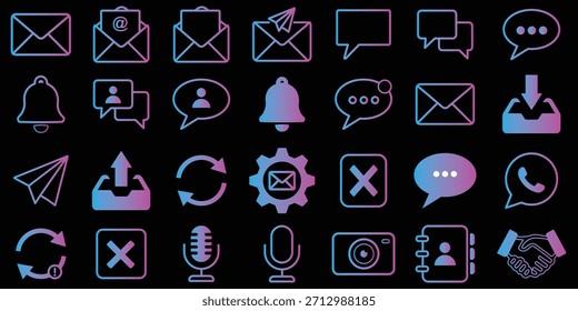 Vector de correo electrónico e icono de chat Colección, sobre, SMS, burbuja y signos de contacto para la interfaz de usuario del App. icono de correo electrónico. símbolo de correo electrónico para el App. Pictograma aislado del contorno del icono del sobre. Botones del Web del boletín