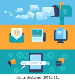 Vector email marketing concepts - flat trendy icons - newsletter and subscription - bright illustrations for horizontal banners or headers