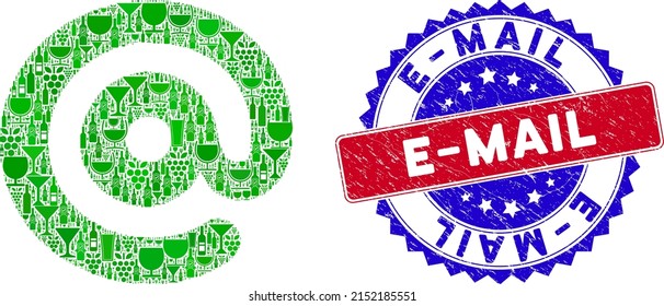 Vector email symbol icon wine collage with grunge bicolor E-Mail seal stamp. Red and blue bicolored seal with rubber texture and E-Mail caption. Email symbol collage icon designed with wine cups,