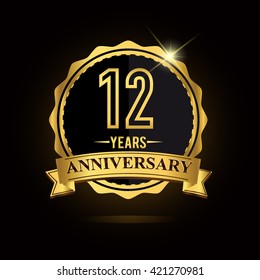 vector emblem 12th anniversary logo with ribbon golden colored and shiny badge