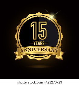 vector emblem 15th anniversary logo with ribbon golden colored and shiny badge