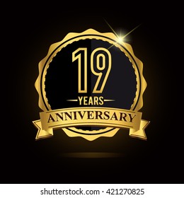 vector emblem 19th anniversary logo with ribbon golden colored and shiny badge