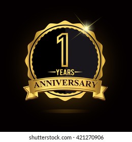 vector emblem 1st anniversary logo with ribbon golden colored and shiny badge