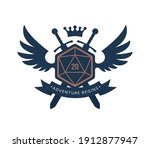 Vector emblem 20 sided dice with swords and wings. Board games. Isolated on white background.