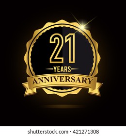 vector emblem 21st anniversary logo with ribbon golden colored and shiny badge