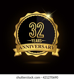 vector emblem 32nd anniversary logo with ribbon golden colored and shiny badge