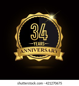 vector emblem 34th anniversary logo with ribbon golden colored and shiny badge