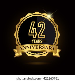 vector emblem 42nd anniversary logo with ribbon golden colored and shiny badge