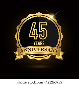 vector emblem 45th anniversary logo with ribbon golden colored and shiny badge