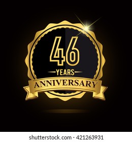 vector emblem 46th anniversary logo with ribbon golden colored and shiny badge