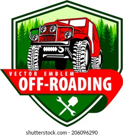 Vector emblem with 4x4 vehicle off-road car and mountains forest