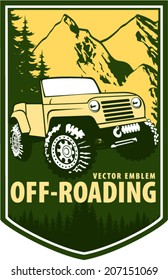 Vector emblem with 4x4 vehicle off-road car and mountains forest