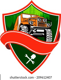 Vector emblem with 4x4 vehicle off-road car and mountains forest