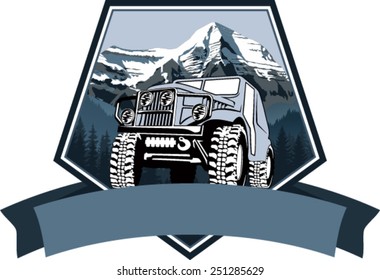 Vector emblem with 4x4 vehicle off-road car and mountains forest