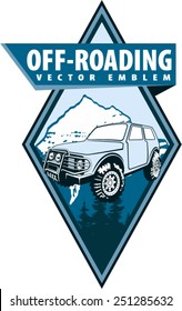 Vector emblem with 4x4 vehicle off-road car and mountains forest