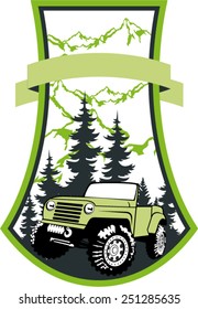 Vector emblem with 4x4 vehicle off-road car and mountains forest
