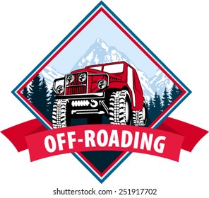 Vector emblem with 4x4 vehicle off-road car and mountains forest 