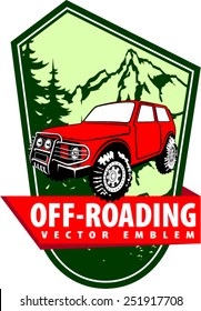 Vector emblem with 4x4 vehicle off-road car and mountains forest 